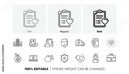 Hospital assistance, Health food diet and Laboratory. Medical line icons. Chemistry linear icon set. Line icons set. Vector