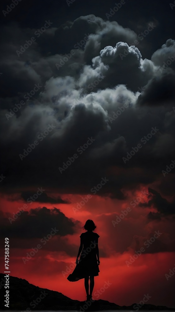 silhouette of a person standing on a rock, dark background y, vintage design
