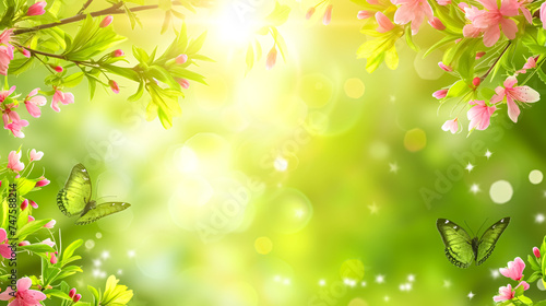 Spring background with sakura blossom and butterfly. Vector illustration.