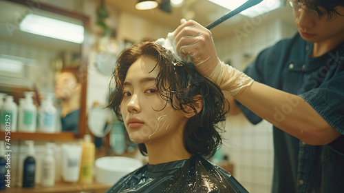 girl model haircolor , hair styling or hair color by a hair stylist in salon 