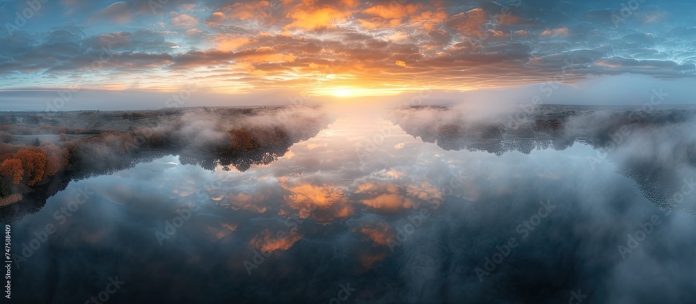 Obraz premium An aerial view of Lac de Saint Pardoux during an autumn sunrise, showcasing fog, clouds, and trees surrounding the picturesque lake.