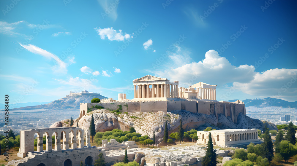 Timeless Harmony: Ancient Acropolis and Modern Athens Under a Serene Blue Sky