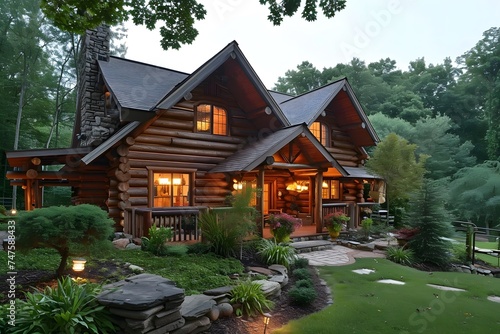 Cozy Log Cabin at Night with Warm Glowing Lights