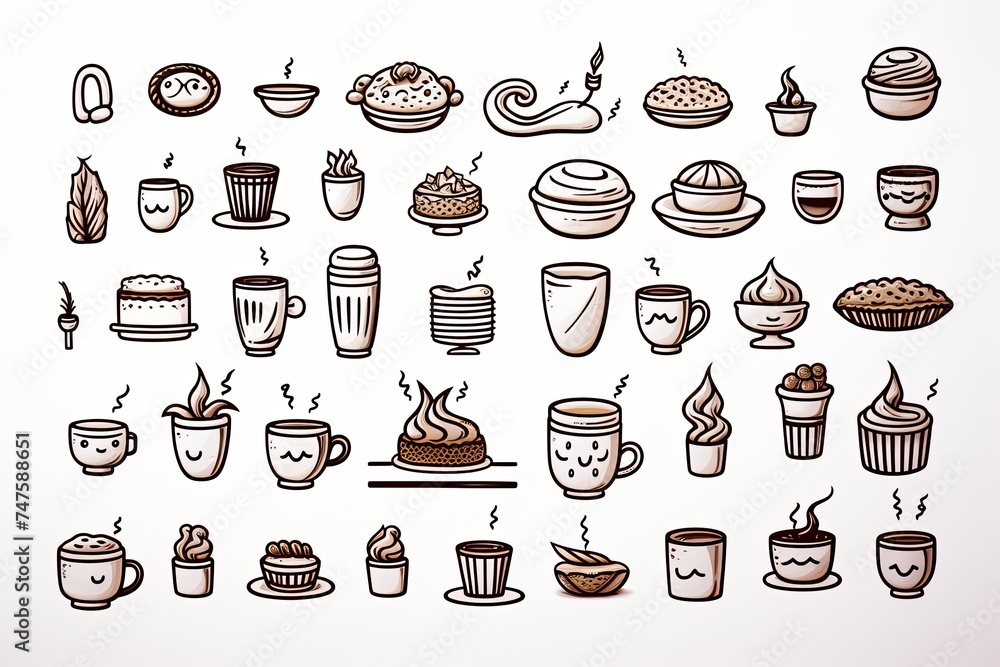 Coffee beans and coffee elements doodle line art illustration on white background