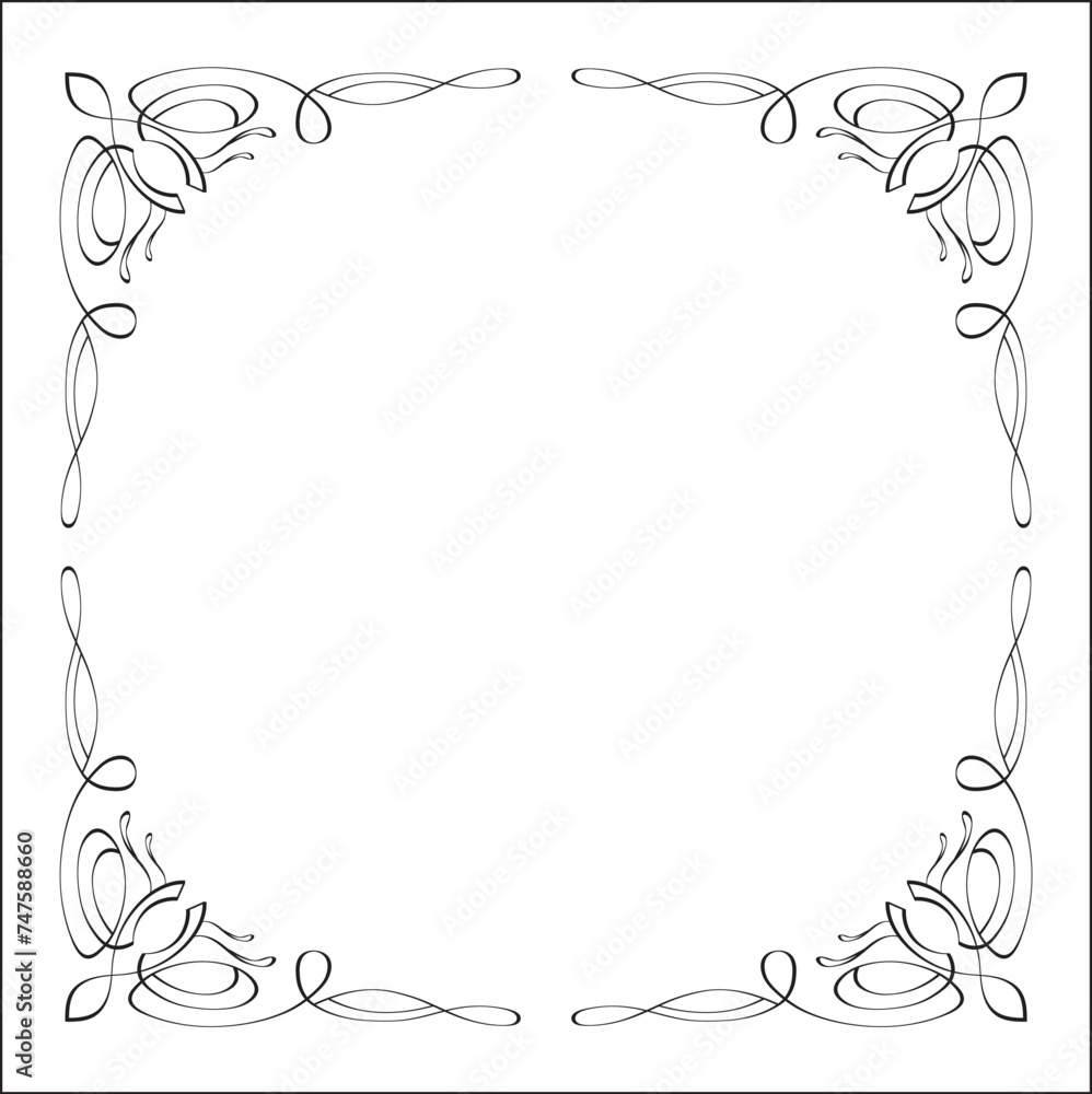 Elegant black and white ornamental frame, decorative border, corners for greeting cards, banners, business cards, invitations, menus. Isolated vector illustration.	
