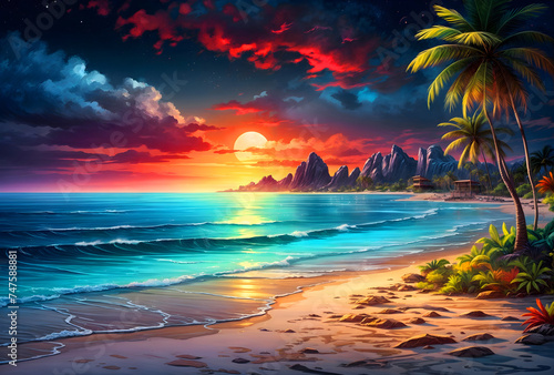 Beautiful palm tree-filled beach sunset in Hawaii. © amna artist