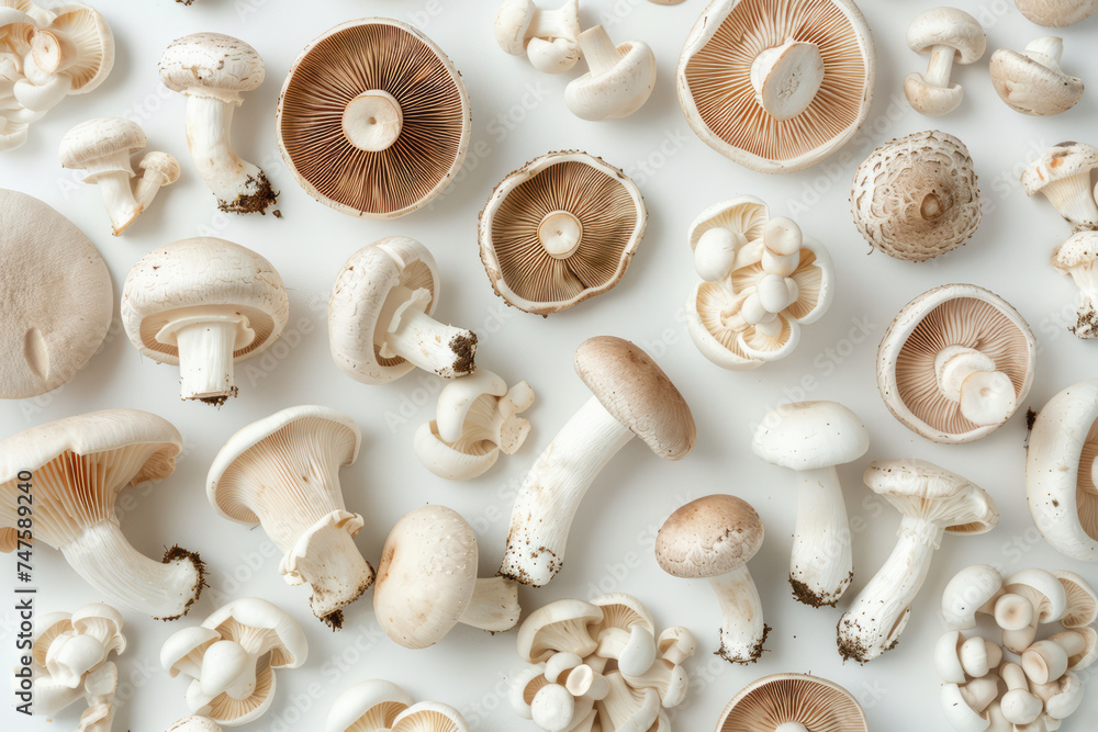 Overhead flat lay view of different varieties of mushroom and fungi Overhead flat lay view of different varieties of mushroom and fungi