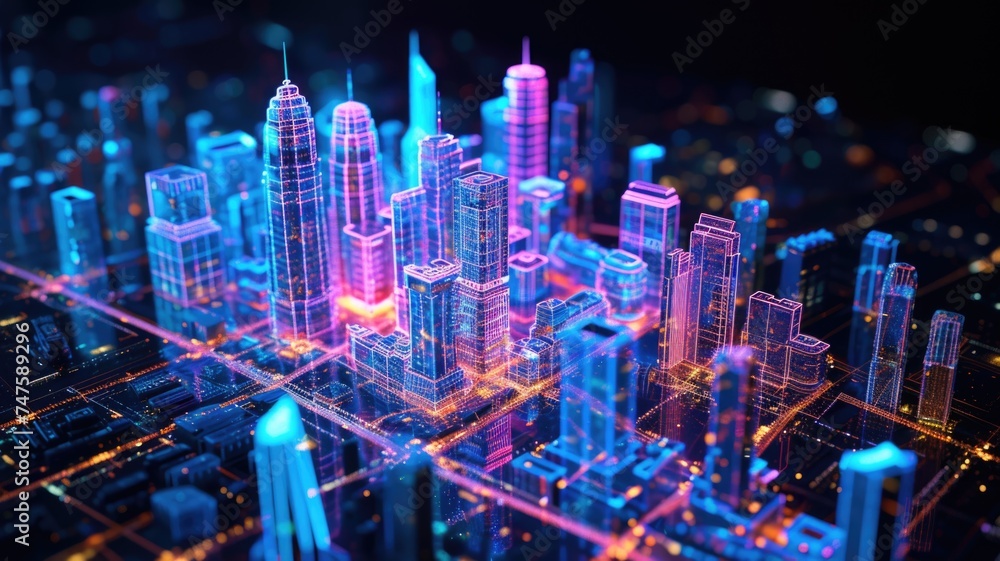 stunning visualization of a futuristic city with neon lights and cybernetic architecture, symbolizing advanced urban technology and progress