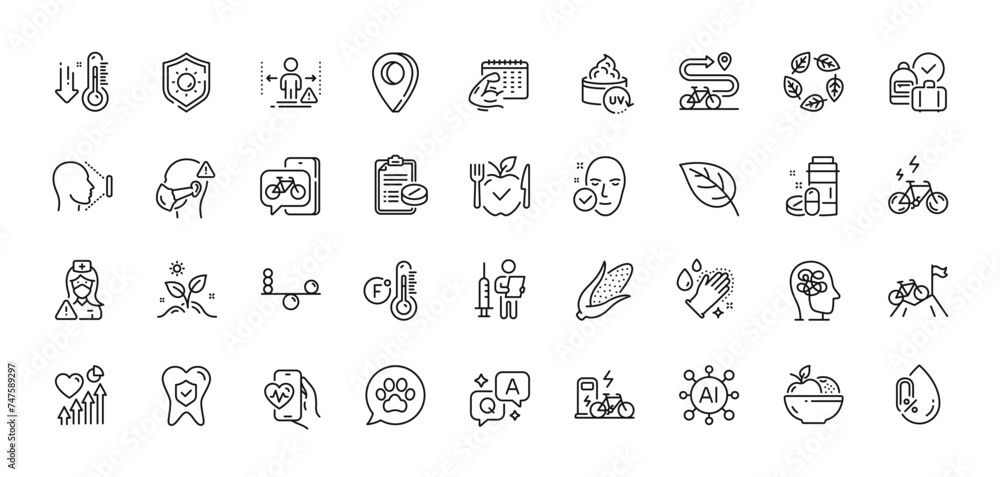 Sun protection, Low thermometer and Uv protection line icons pack. AI, Question and Answer, Map pin icons. E-bike, Leaf, Organic tested web icon. Medical drugs, Bike path, Bike app pictogram. Vector Sun protection, Low thermometer and Uv protection line icons pack. AI, Question and Answer, Map pin icons. E-bike, Leaf, Organic tested web icon. Medical drugs, Bike path, Bike app pictogram. Vector