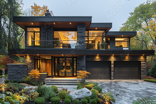 Large modern house with three garage spaces and concrete driveway.
