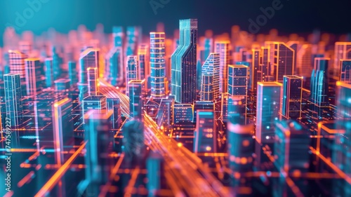 stunning visualization of a futuristic city with neon lights and cybernetic architecture  symbolizing advanced urban technology and progress