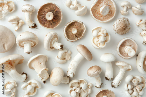 Overhead flat lay view of different varieties of mushroom and fungi
