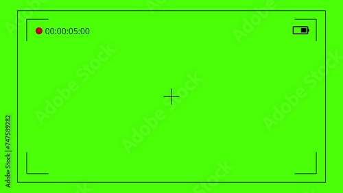 Camera viewfinder recording display and green screen background footage. Screen of video recorder digital display with photo camera frame overlay. Live cam cctv mobile phone cam Chroma key interface.