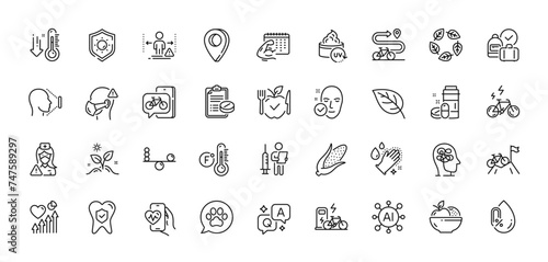 Sun protection, Low thermometer and Uv protection line icons pack. AI, Question and Answer, Map pin icons. E-bike, Leaf, Organic tested web icon. Medical drugs, Bike path, Bike app pictogram. Vector