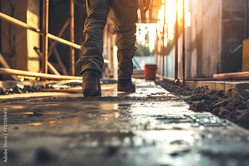 Construction Worker Walking at Sunset on Job Site Construction Worker Walking at Sunset on Job Site