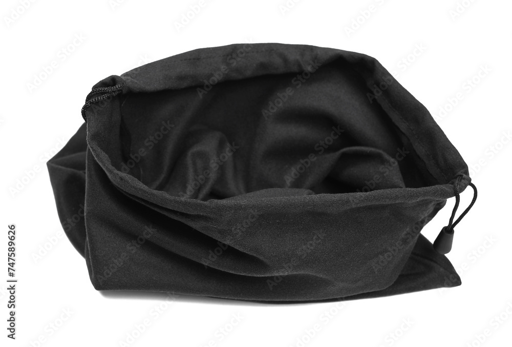 Open blank black luxury drawstring pouch isolated on white Open blank black luxury drawstring pouch isolated on white