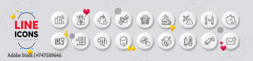 Coal trolley, Decreasing graph and Qr code line icons. White buttons 3d icons. Pack of New message, Timer, Cobalamin vitamin icon. Fake news, Coronavirus vaccine, Time management pictogram. Vector