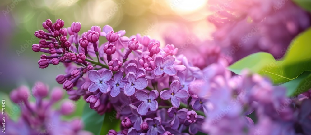 A captivating close-up view of a bunch of beautiful lilac blossoms blooming in a gorgeous garden. A captivating close-up view of a bunch of beautiful lilac blossoms blooming in a gorgeous garden.