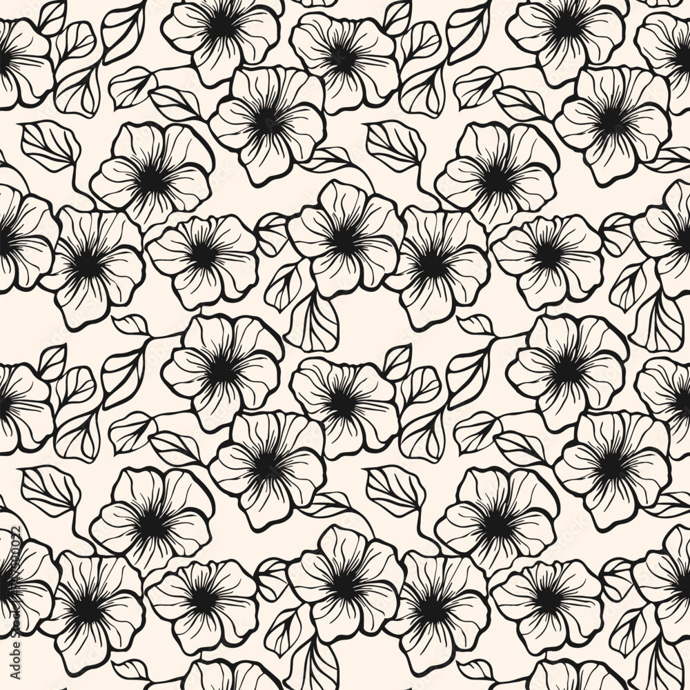 Simple black and white vector floral seamless pattern. Monochrome minimal texture with flower silhouettes, leaves. One line drawing style. Fashionable botanical background. Repeating decorative design Simple black and white vector floral seamless pattern. Monochrome minimal texture with flower silhouettes, leaves. One line drawing style. Fashionable botanical background. Repeating decorative design