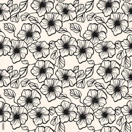 Simple black and white vector floral seamless pattern. Monochrome minimal texture with flower silhouettes, leaves. One line drawing style. Fashionable botanical background. Repeating decorative design