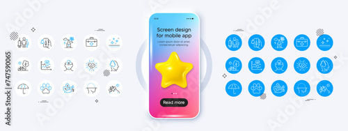 Alcohol addiction, Cardio training and Dog paw line icons. Phone mockup with 3d star icon. Pack of Vaccine announcement, Mental health, Clean skin icon. Vector