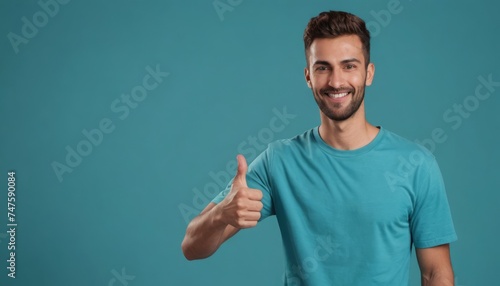 A bearded man in a turquoise tee smiles and gives a thumbs up, radiating a casual vibe.