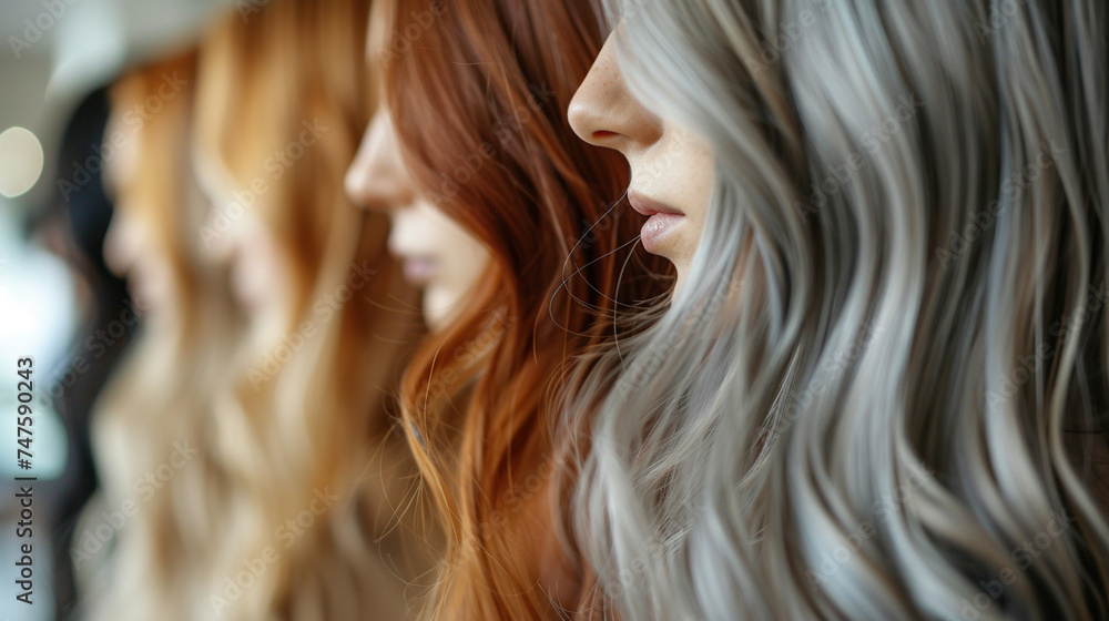 girl model haircolor , showing color from dark to blonde shades , hairdye, haircolor,  - obrazy, fototapety, plakaty 