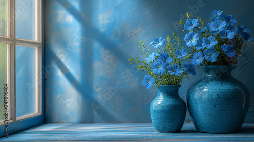 Two blue vases with blue flowers near blue shabby wall and a window