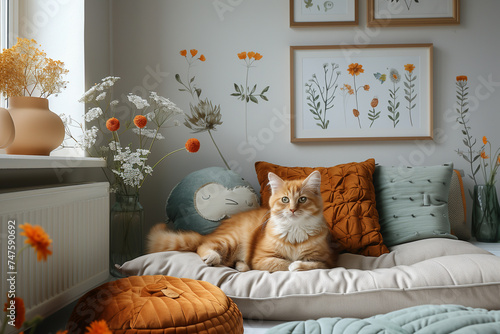 A domestic ginger cat lounging on a cushion in a cozy living room setting, mockup