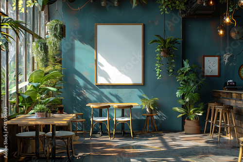 A room abundantly filled with numerous plants placed on various tables, mockup