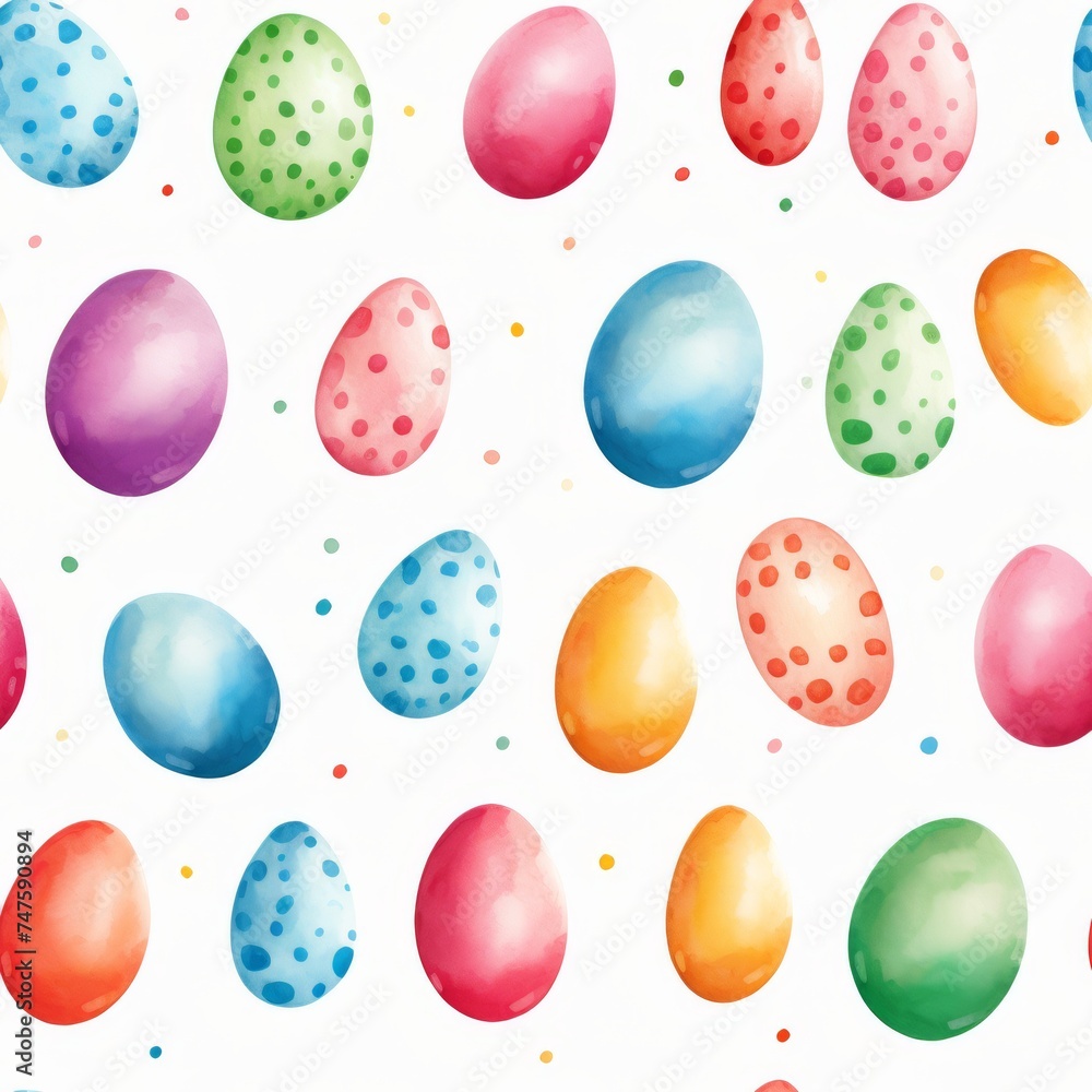 Seamless patterns of watercolor Easter painted eggs with patterns and floral accents on a white background. Seamless patterns of watercolor Easter painted eggs with patterns and floral accents on a white background.