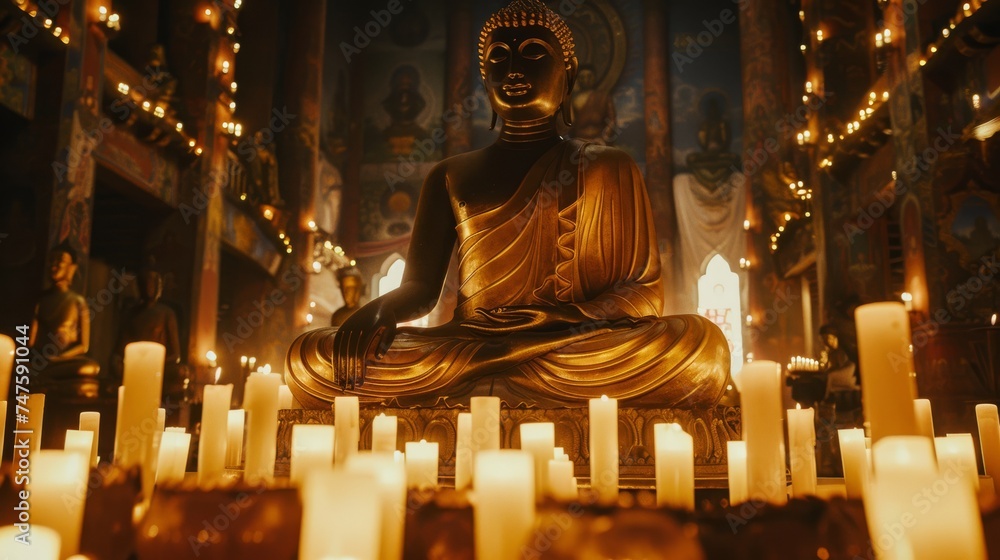 Illuminated by candles, a golden Buddha statue sits in meditation against a temple backdrop with intricate murals. Warm tones envelop the serene scene. Ideal for spirituality and religion themes. Illuminated by candles, a golden Buddha statue sits in meditation against a temple backdrop with intricate murals. Warm tones envelop the serene scene. Ideal for spirituality and religion themes.