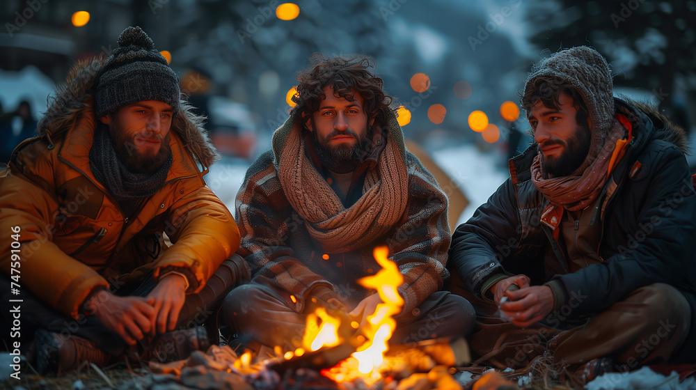 Street survival: Homeless individuals gather around makeshift fire, seeking warmth and comfort