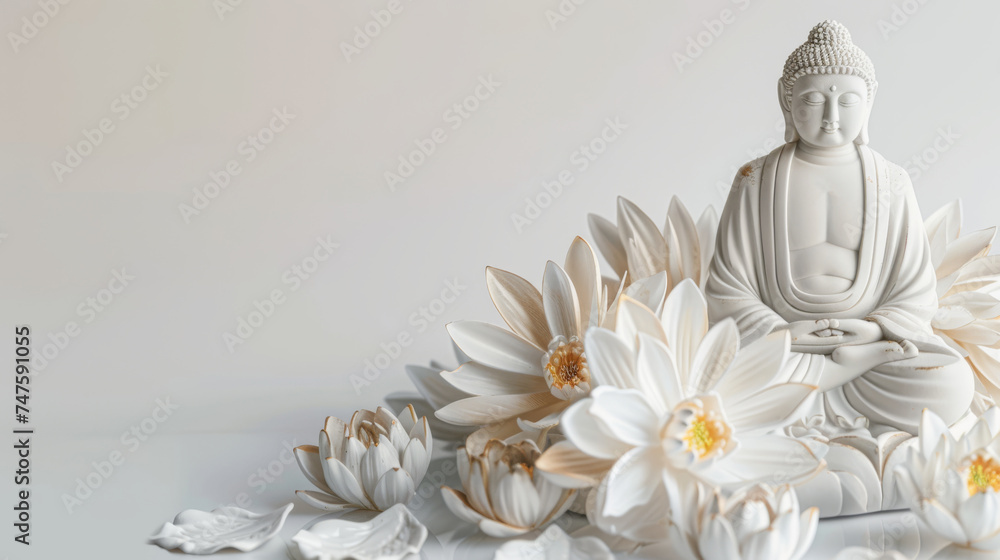 A white Buddha statue in meditation, with pink lotus flowers and green leaves on water, under a soft rain. Vesak day background A white Buddha statue in meditation, with pink lotus flowers and green leaves on water, under a soft rain. Vesak day background