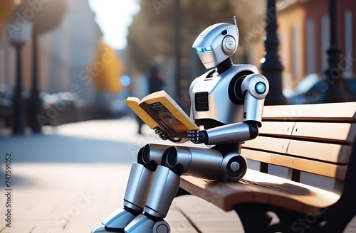 Robot reading a book in the park. World Book Day	