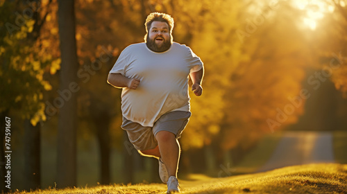 Funny overweight man jogging on the road photo