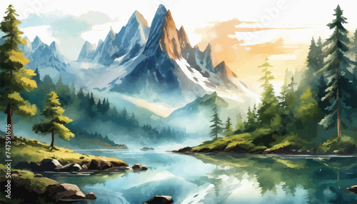 NatureScape: Explore Natural Beauty with Trees and Mountains on a Clean White Background. Perfect for Adding a Touch of Serenity to Your Projects.