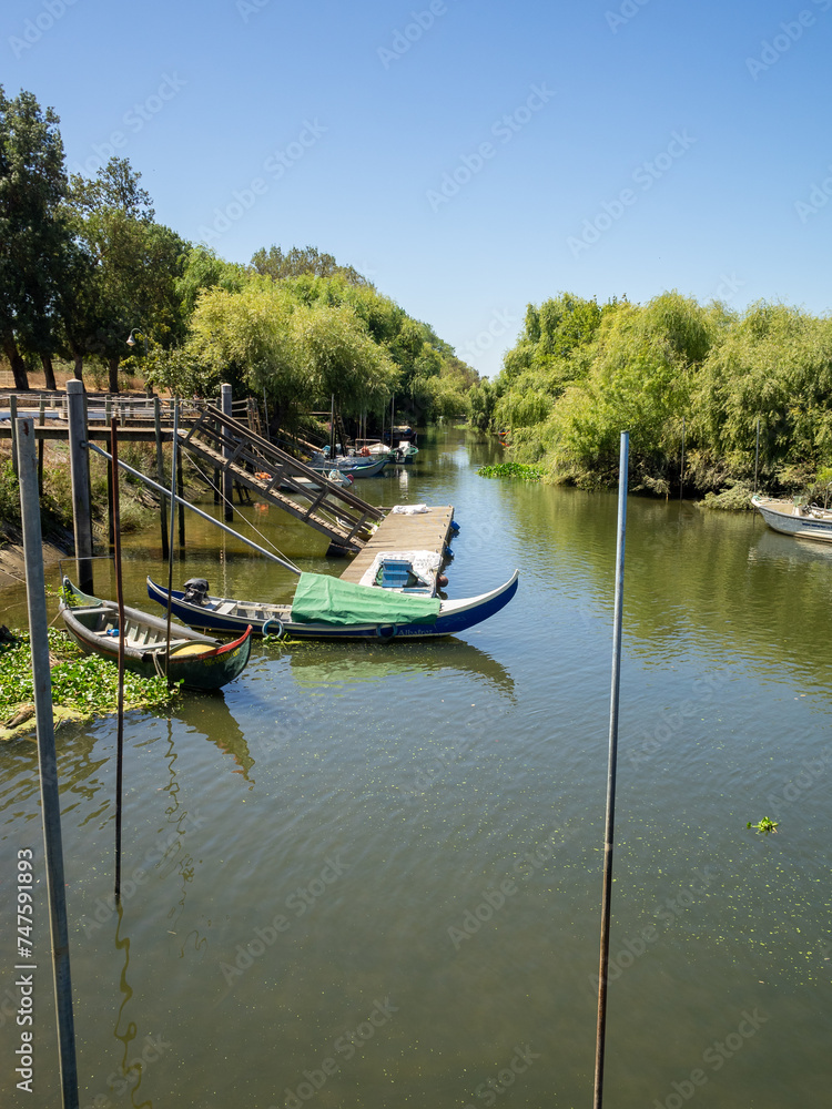 Obraz premium Fishing canoes docked in a stilt pier in Tagus river