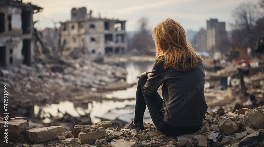 Fototapeta premium A woman cries near a house that was destroyed