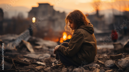 A girl next to a house destroyed by the war. Child in the ruins of his house destroyed by the war. Peace concept