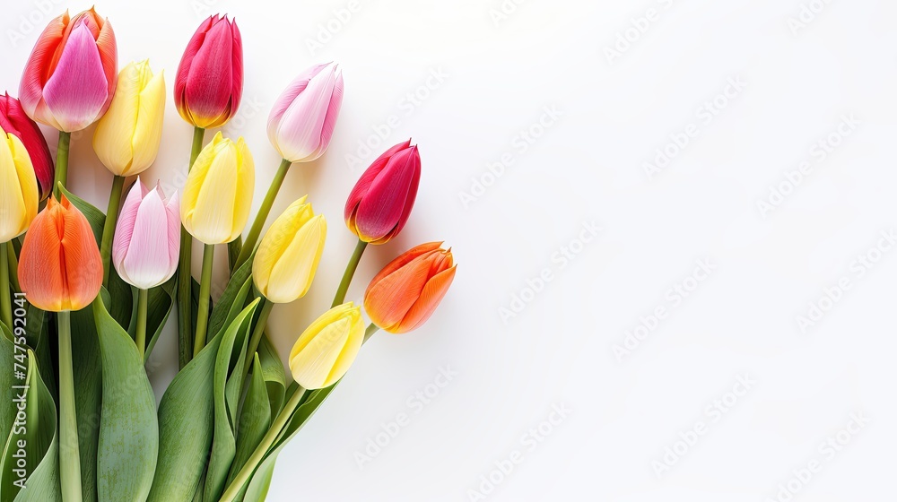 Congratulatory layout with tulips on a white background. Concept gift, holiday, mother's day, birthday, wedding, father's day, March 8, valentine, copy space, text, card. Congratulatory layout with tulips on a white background. Concept gift, holiday, mother's day, birthday, wedding, father's day, March 8, valentine, copy space, text, card.