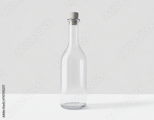 A glass bottle is placed next to a white wall