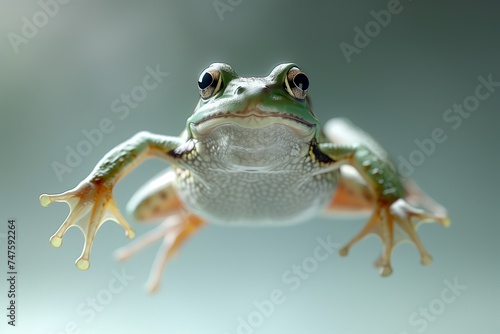 Jumping or falling cute funny frog isolated on white and gray background. 