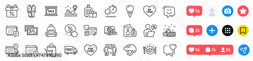 For ever, Present and Ice cream line icons pack. Social media icons. Bicycle helmet, Discount offer, Sale web icon. Be true, Heart, Love couple pictogram. Message, Account, Tanning time. Vector