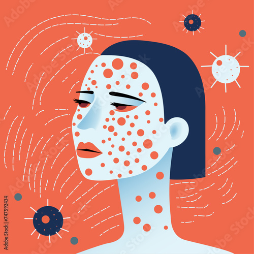 a woman with red spots on her skin, virus concept, disease prevention, chicken pox, measles, contagion