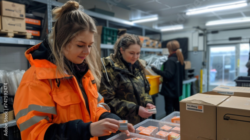 Volunteers diligently sort aid and necessities for refugees and homeless people at charity hub