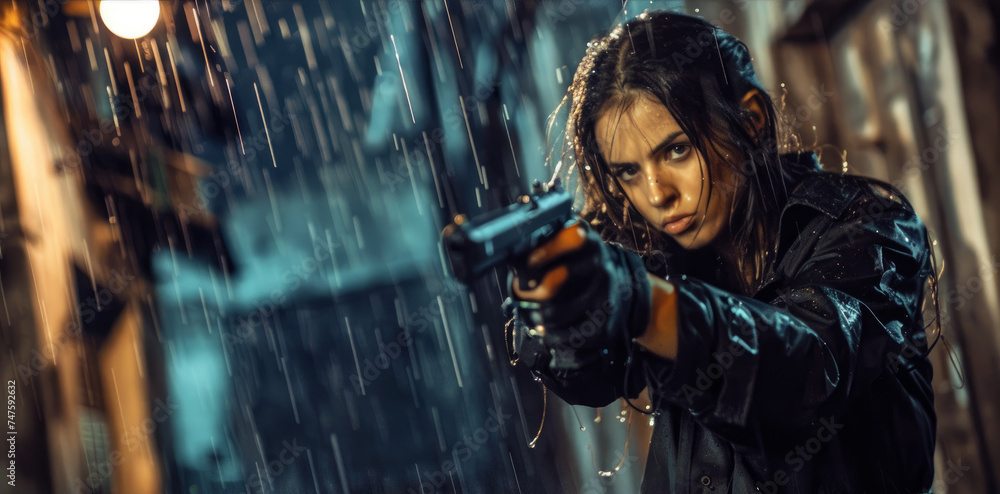 Obraz premium Young woman in black jacket points gun in rain, police officer or killer holding weapon at night. Female detective with pistol on dark street. Concept of spy, thriller movie, murderer