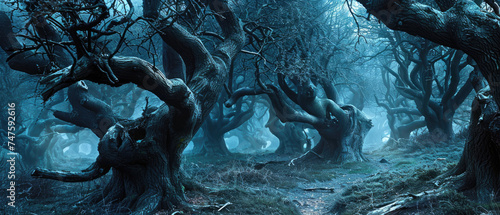 Fantasy forest with scary crooked trees, path and blue low light, dark magical spooky woods. Cinematic view of fairy tale world. Concept of nature, mystic, mystery, background.