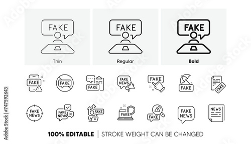 Social media propaganda, Newspaper, Conspiracy of truth. Fake news line icons. Wrong facts, Fake information, False loudspeaker outline icons. Misleading news, People lies and Propaganda. Vector