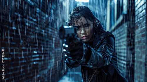 Young woman in black jacket points gun in rain, police officer or killer holding weapon in dark lane. Female detective with pistol on street. Concept of spy, movie, murderer, people © scaliger